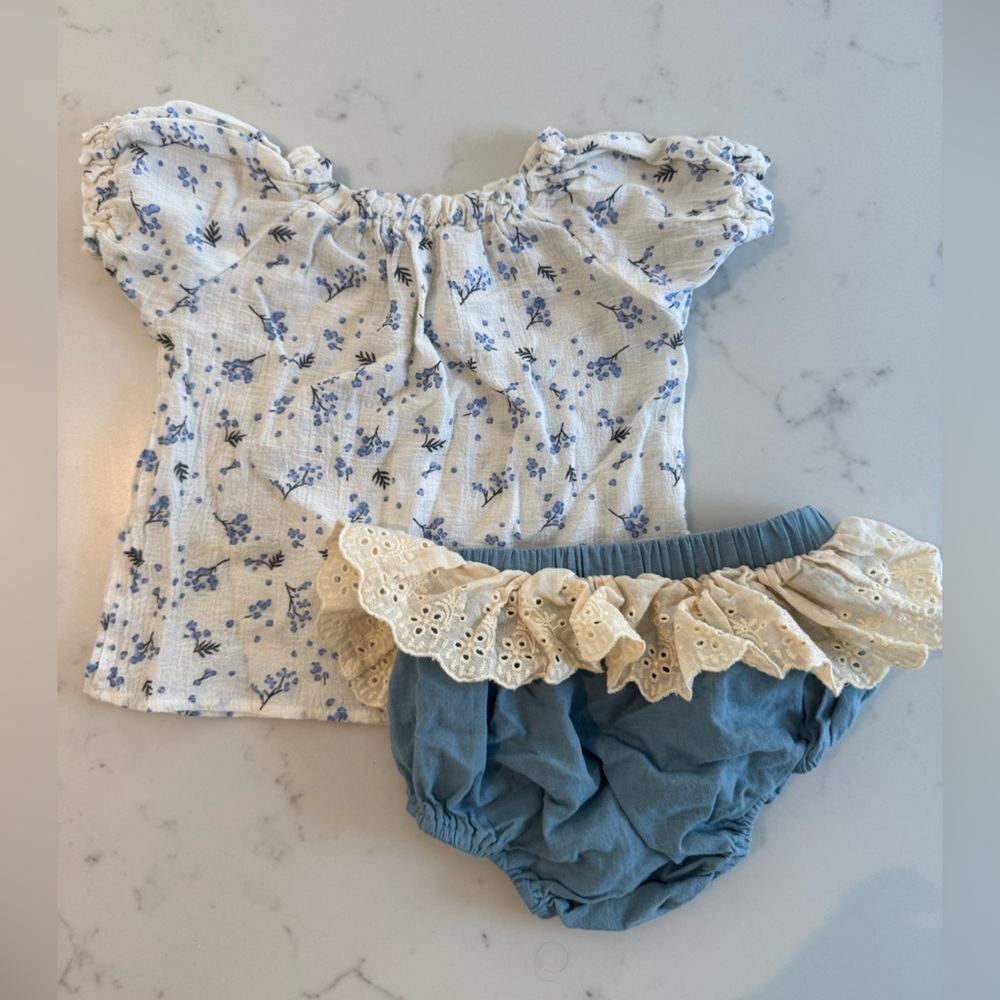 Floral Blue and White Baby Girl Top and Bloomer Outfit